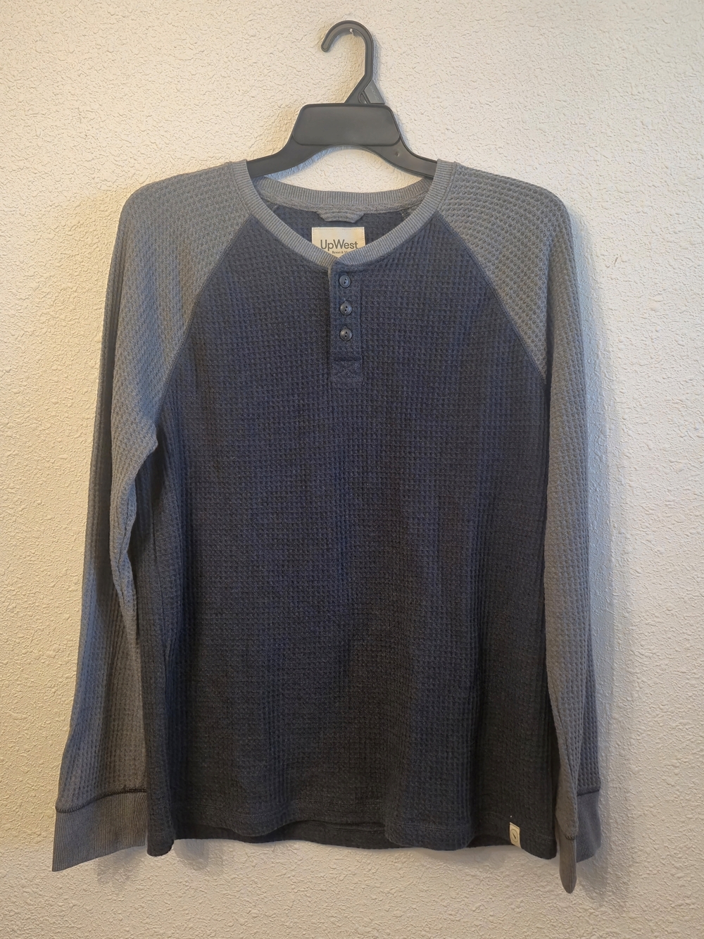 UpWest Men's Navy Blue and Grey Waffle Henley Long Sleeve Shirt